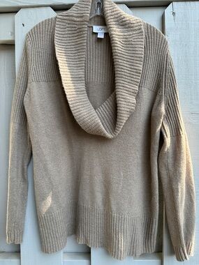 LOFT Taupe Cowl-Neck Ribbed Sweater